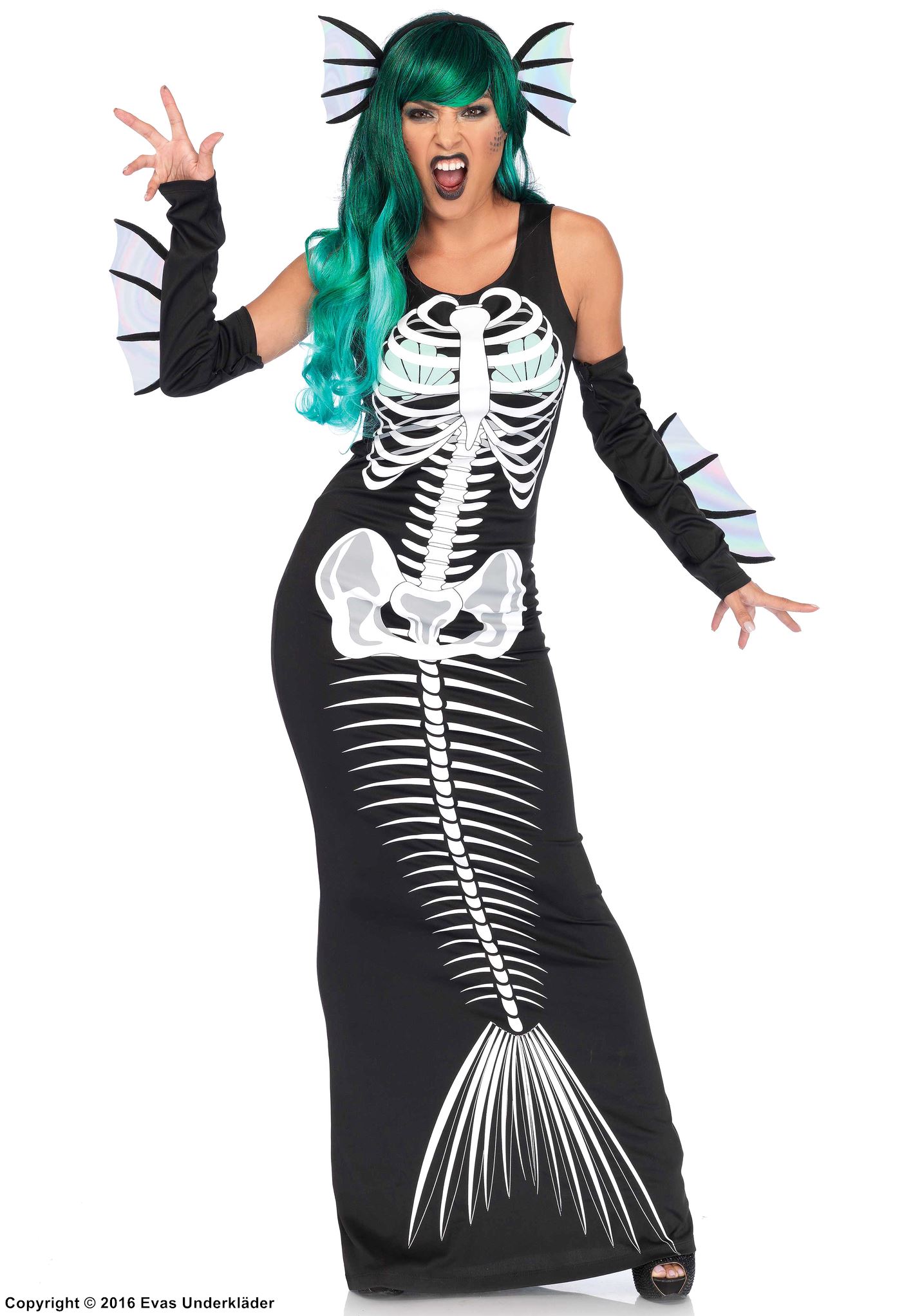 Sjöjungfru-skelett, maskeradklänning med fena